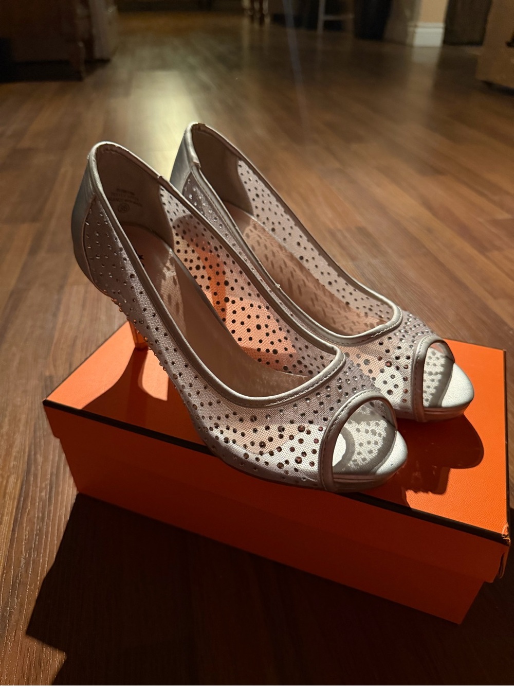 Silver Peep-Toe Mesh Heels for Women